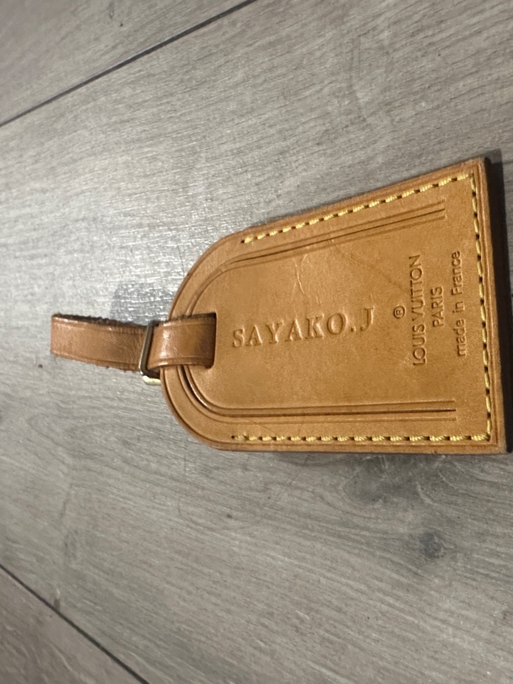 Authentic Louis Vuitton Tan Leather Luggage Tag with SAYAKO.J Embossing